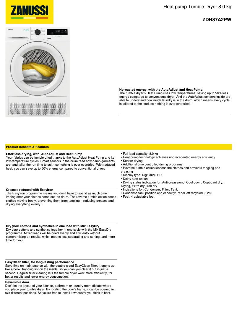 Page 1 de la notice Fiche technique Zanussi ZDH87A2PW
