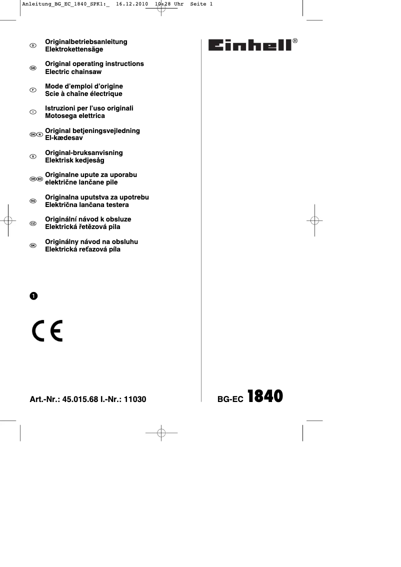Page 1 de la notice Mode d'emploi Einhell BG-EC 1840