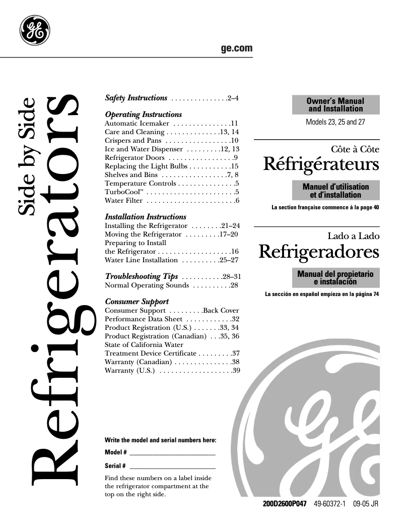 Page 1 de la notice Manuel d'utilisation et d'entretien GE GSS25LSPBS