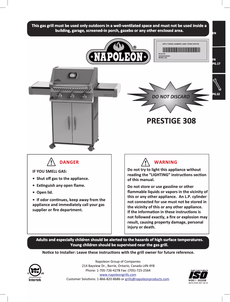 Image de la première page du manuel de l'appareil Prestige 308