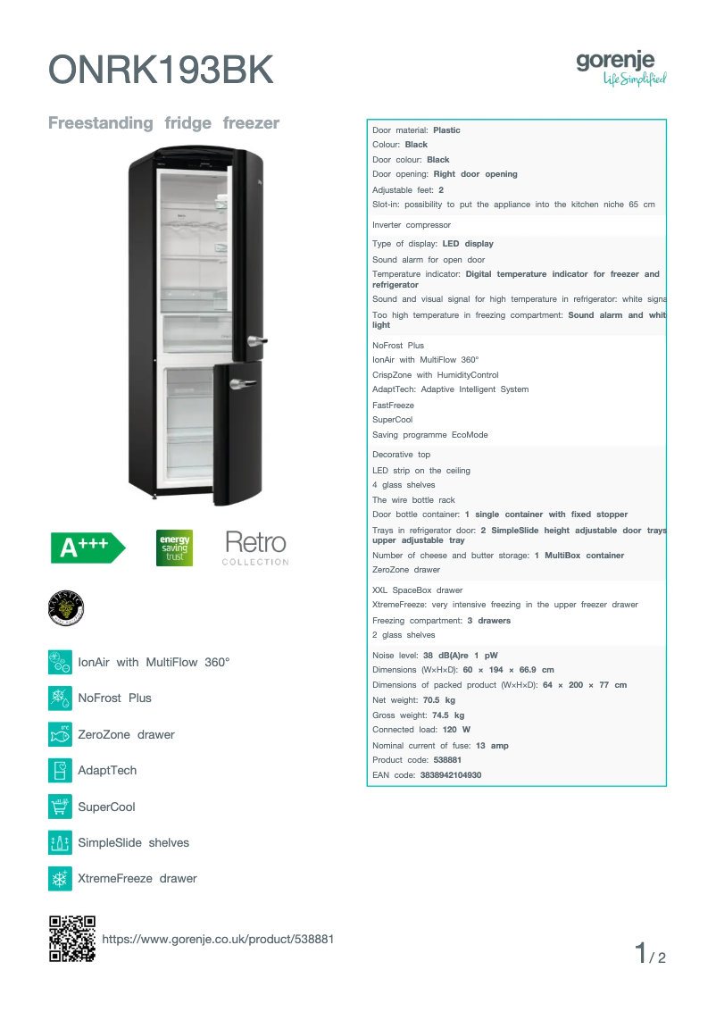 Page n°1 - Fiche technique Gorenje ONRK193BK