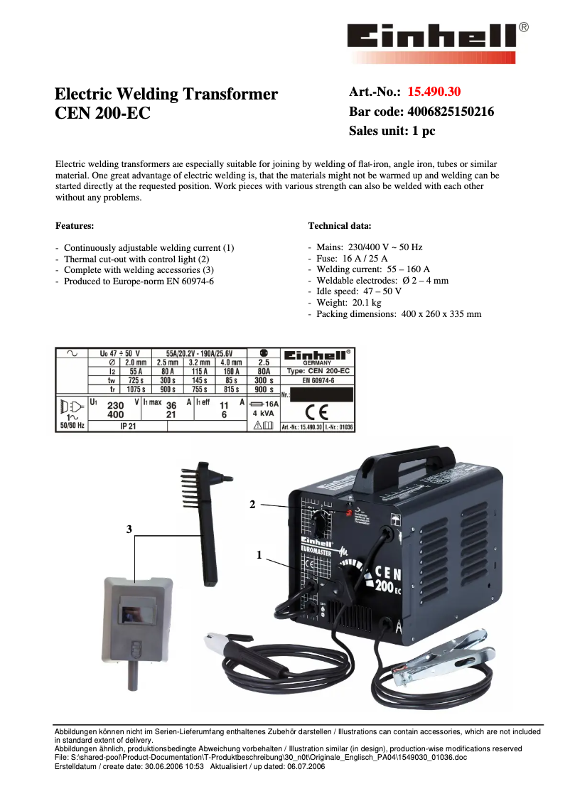 Page 1 de la notice Fiche technique Einhell CEN 200