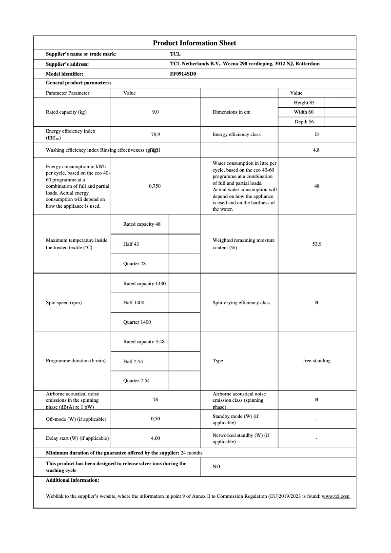 Page n°1 - Fiche technique TCL FF0914SD0ES