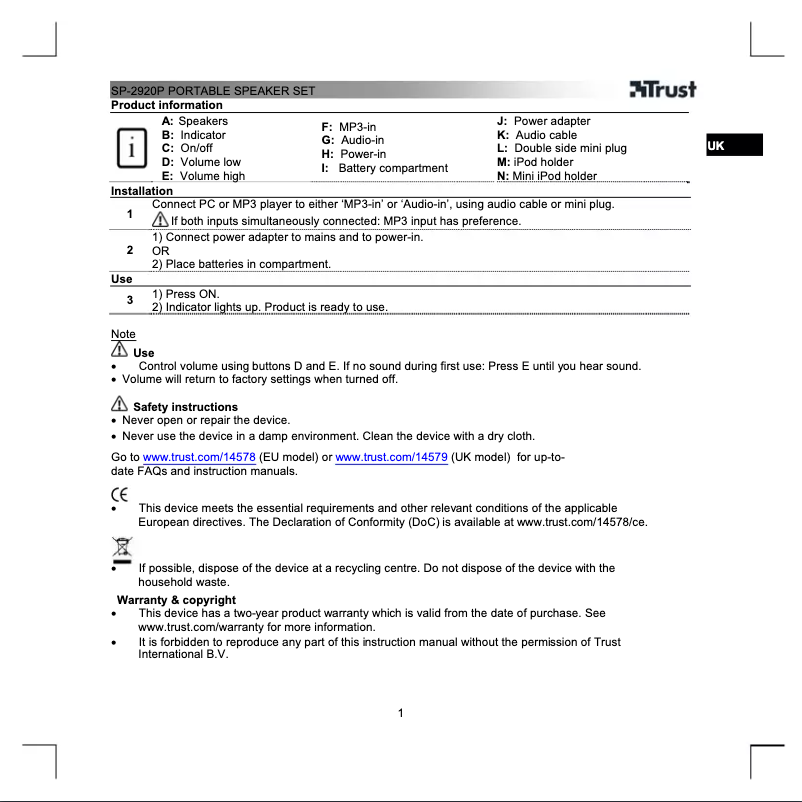 Page n°1 - Manuel utilisateur Trust SP-2920P