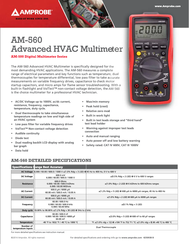 Page 1 de la notice Fiche technique Amprobe AM-560