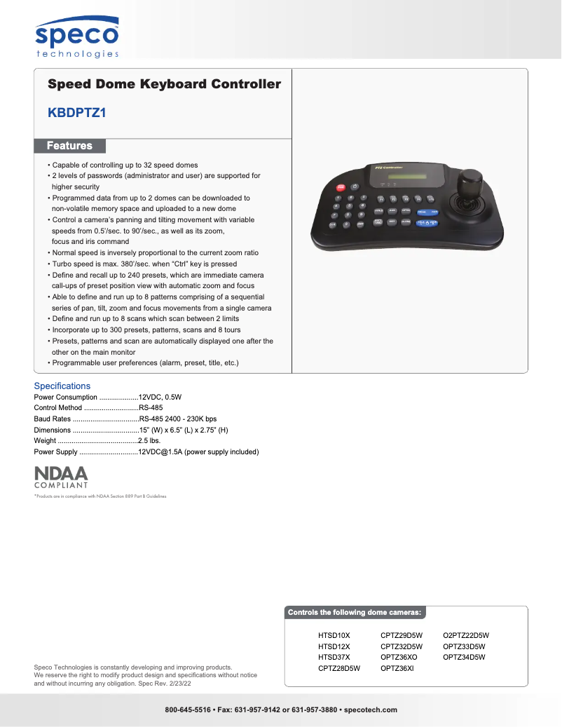 Page 1 de la notice Fiche technique Speco Technologies KBDPTZ1