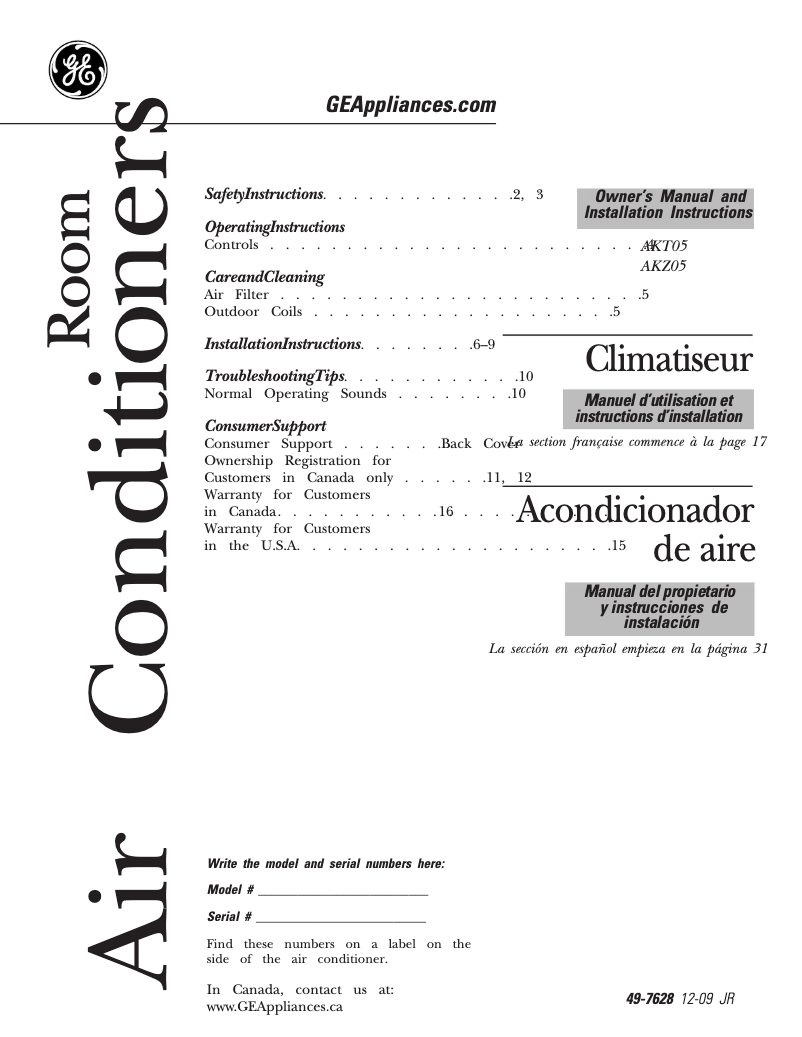 Page n°1 - Guide d'installation GE AKZ05LN