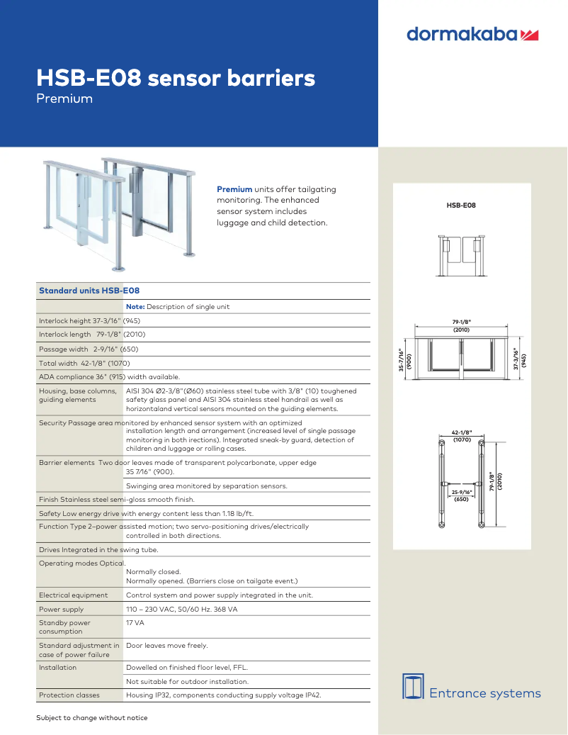 Page 1 de la notice Manuel utilisateur Dormakaba HSB-E08