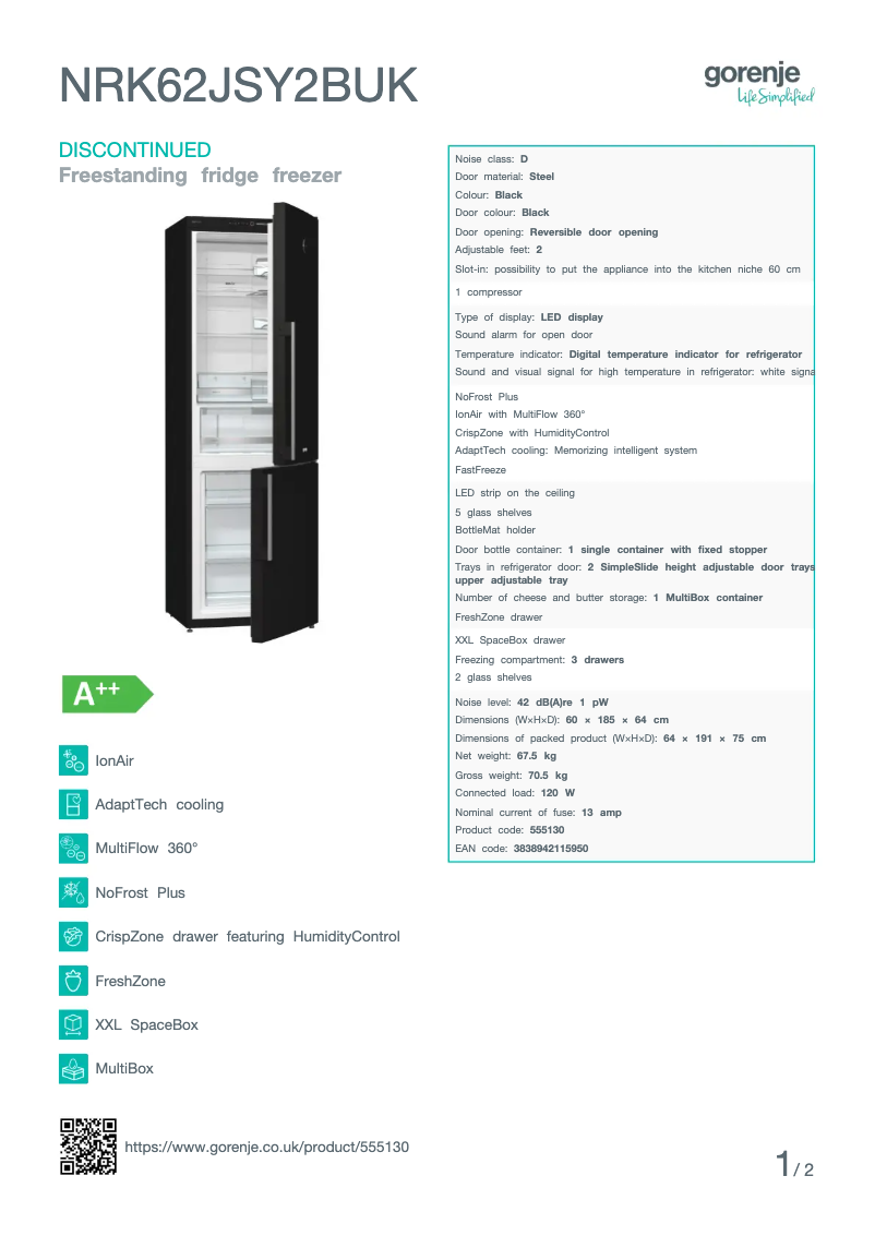 Page 1 of the manual Technical Sheet Gorenje NRK62JSY2BUK