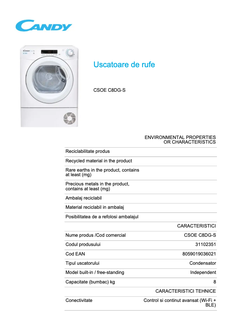 Page 1 de la notice Fiche technique Candy CSOE C8DG-S