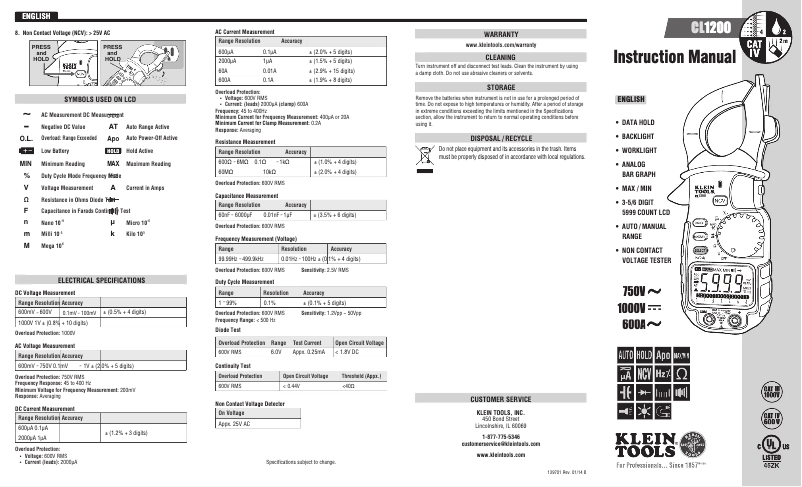 Page n°1 - Manuel utilisateur Klein Tools CL1200