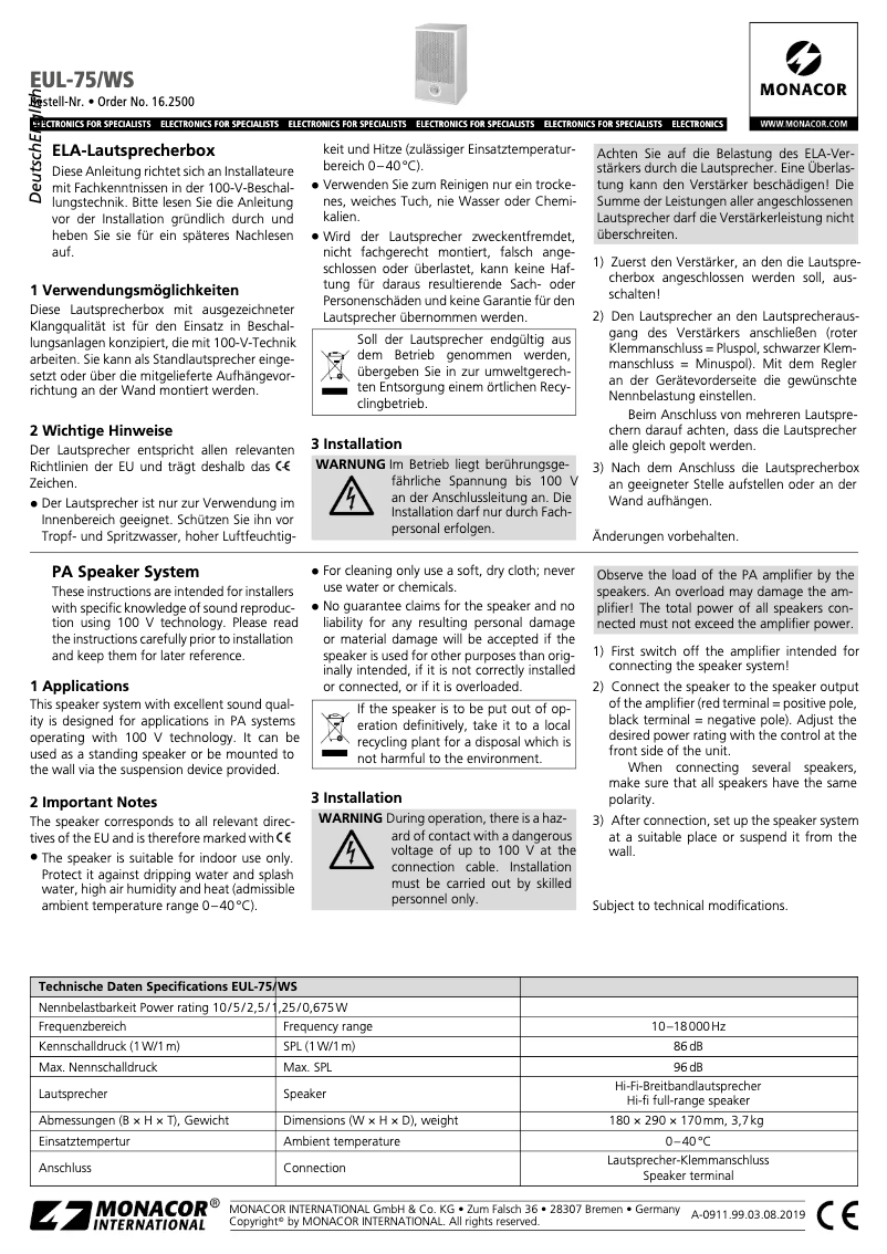 Page n°1 - Manuel utilisateur Monacor EUL-75/WS