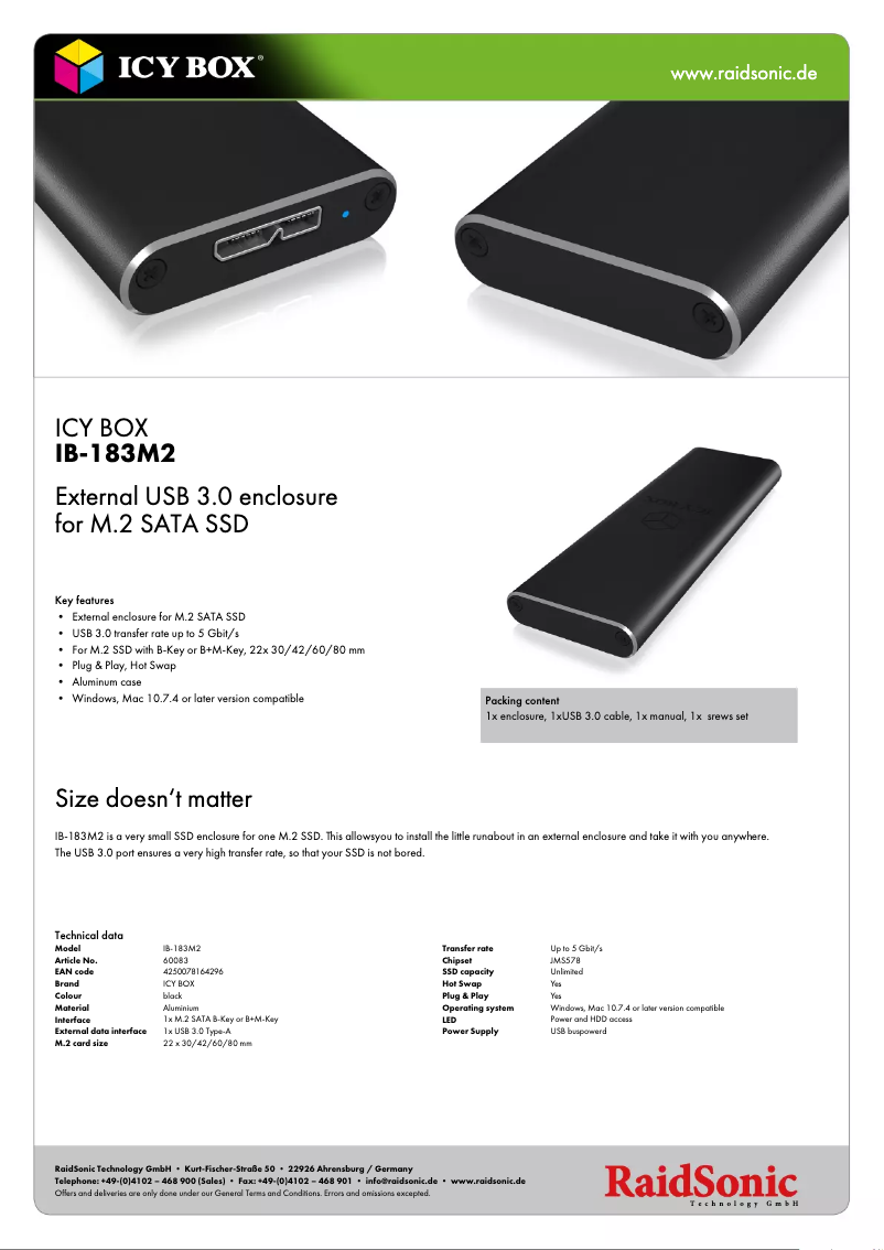 Page 1 de la notice Fiche technique Icy Box IB-183M2