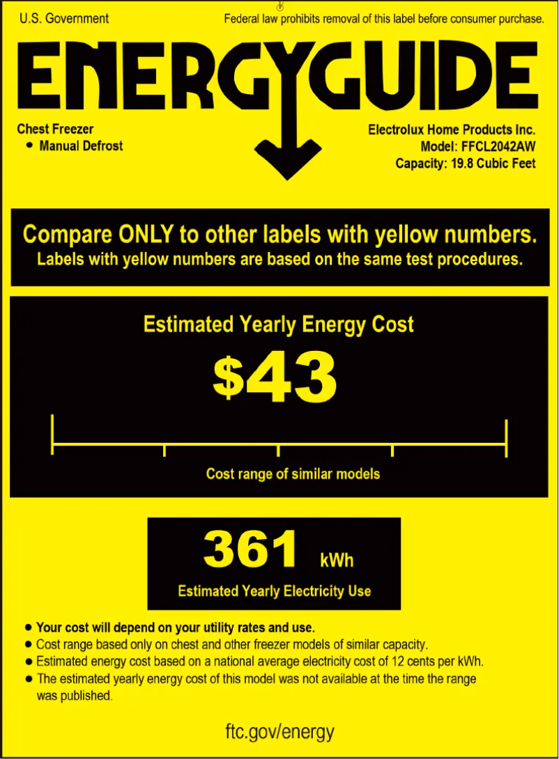 Page 1 de la notice Label énergétique Frigidaire FFCL2042AW