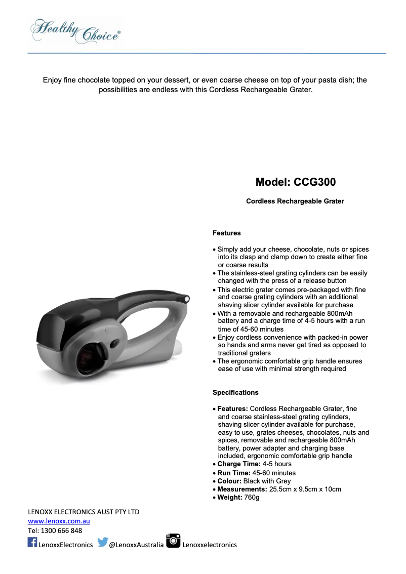 Page 1 de la notice Fiche technique Lenoxx Healthy Choice CCG300