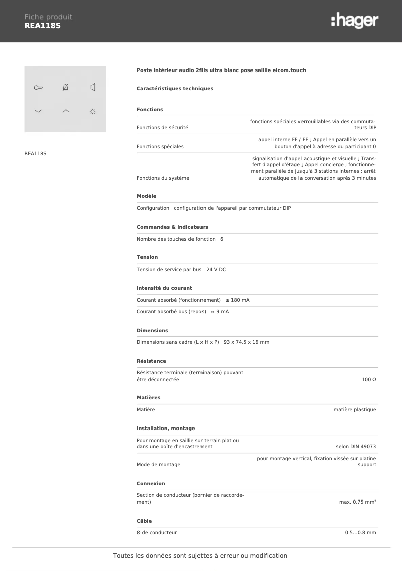Page 1 de la notice Fiche technique Hager REA118S