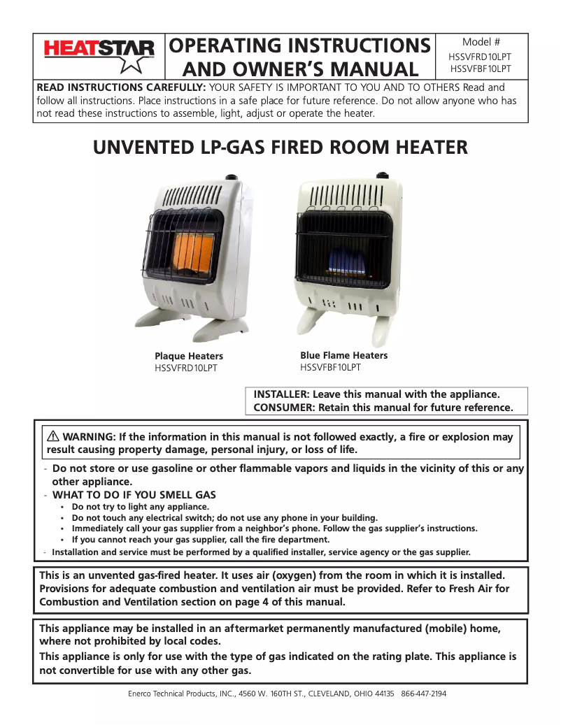 Page 1 de la notice Manuel utilisateur HeatStar HSSVFBF10LPT
