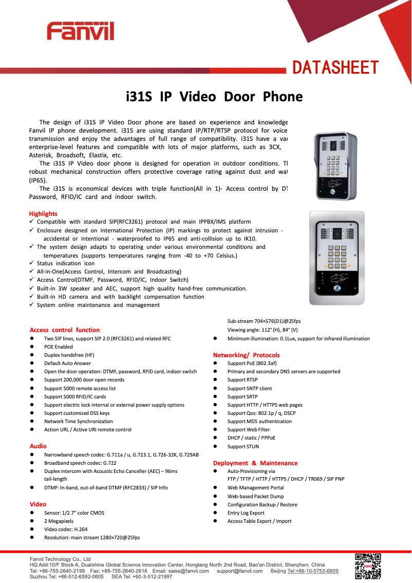 Page 1 de la notice Fiche technique Fanvil I31s