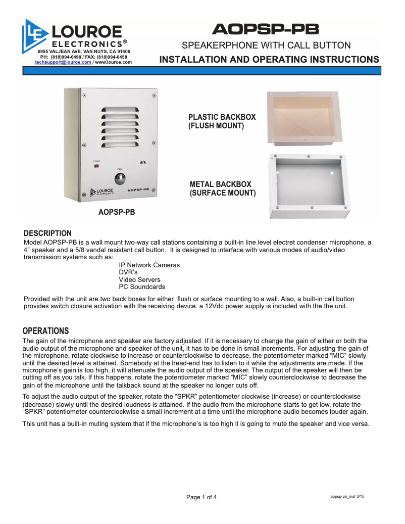 Page n°1 - Manuel utilisateur Louroe Electronics AOP-SP-PB
