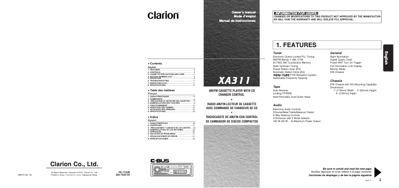 Page n°1 - Manuel utilisateur Clarion XA311