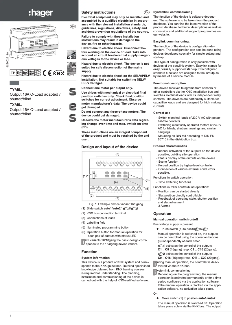 Page 1 de la notice Manuel utilisateur Hager TYM616D