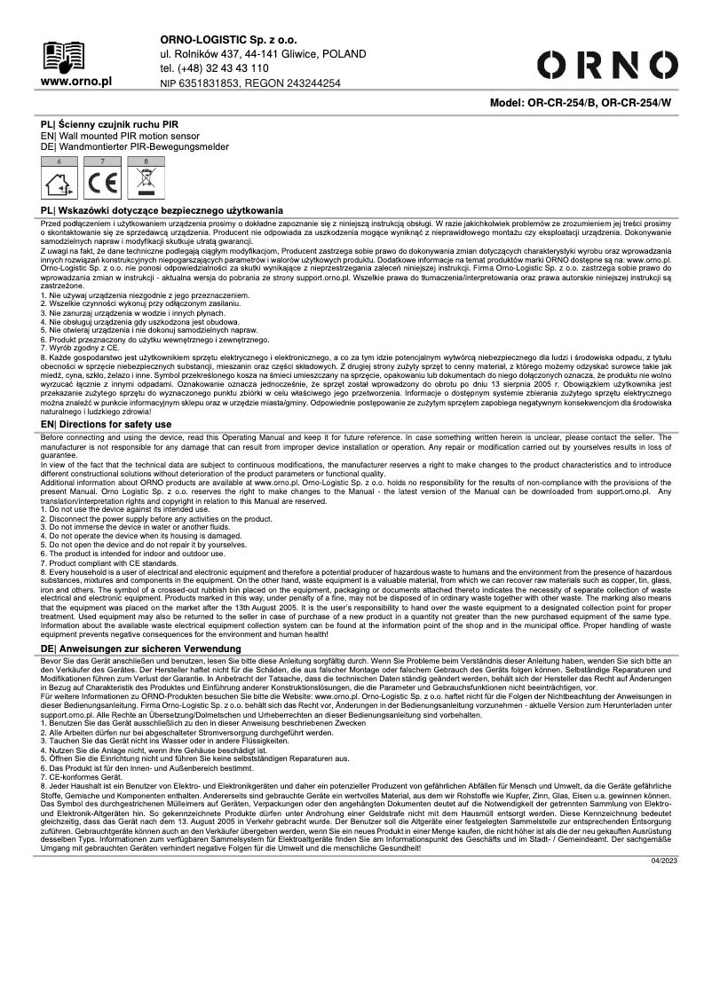 Image de la première page du manuel de l'appareil OR-CR-254