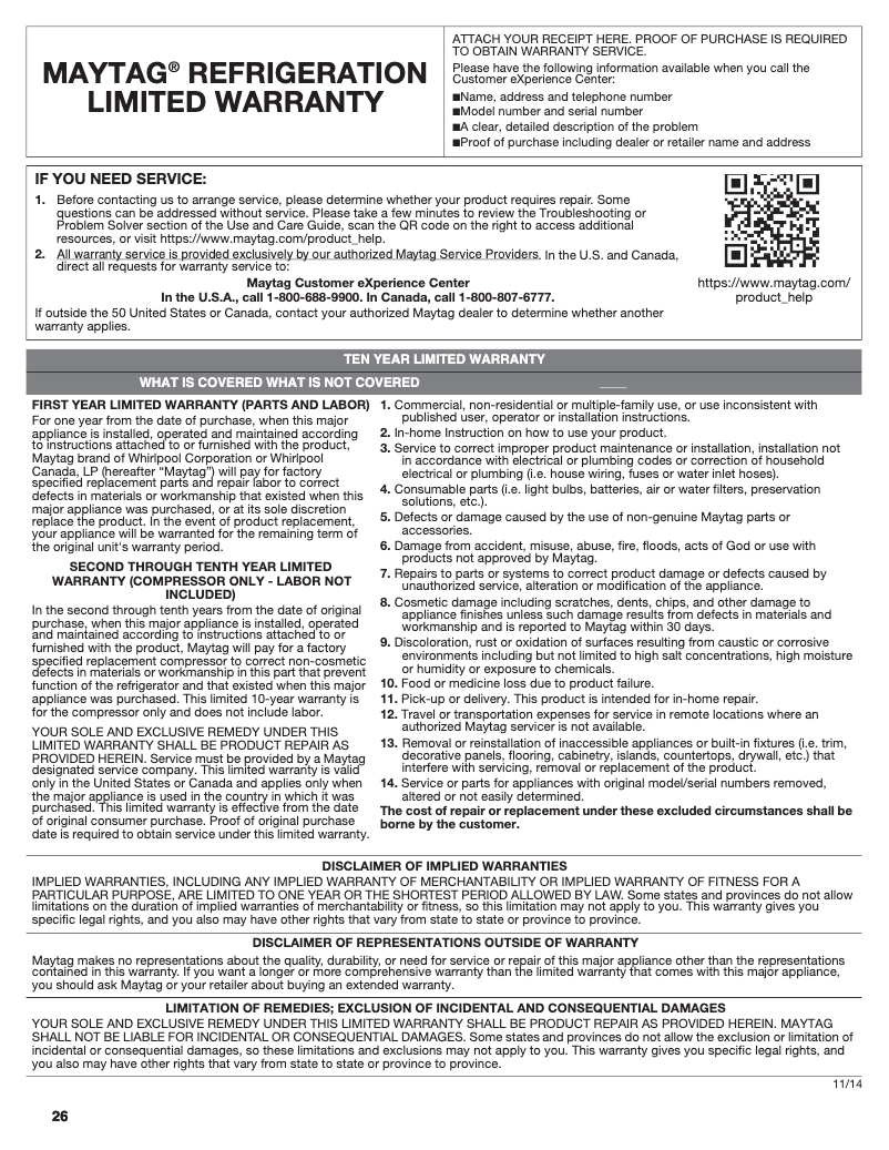 Page 1 de la notice Informations de garantie Maytag MSC21C6MFZ