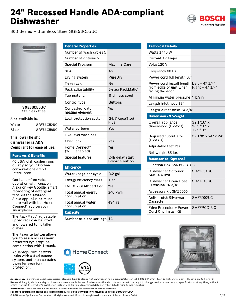 Page 1 de la notice Fiche technique Bosch SGE53C55UC