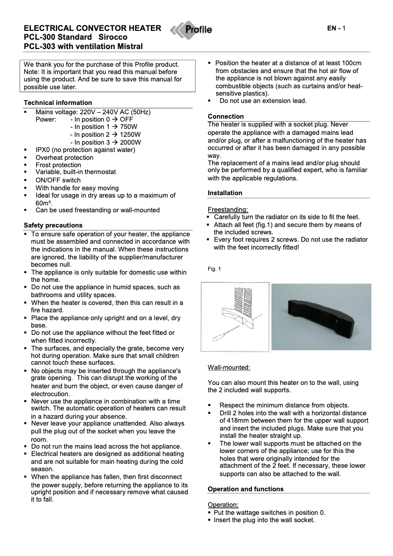 Page 1 de la notice Manuel utilisateur Profile PCL-303 Mistral