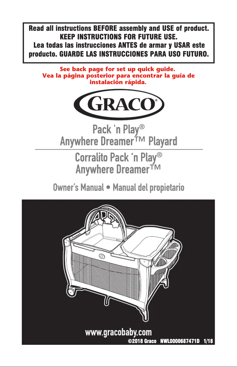 Page 1 de la notice Manuel utilisateur Graco Pack ‘n Play Anywhere Dreamer Playard