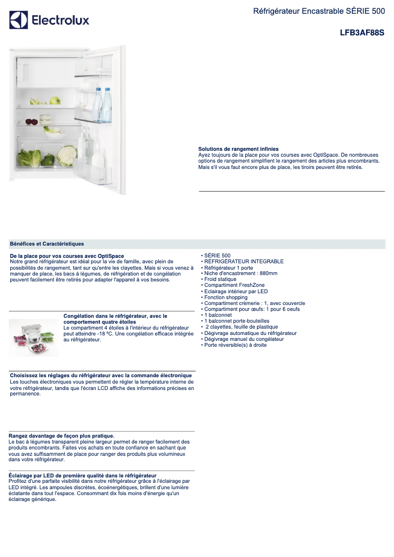Page 1 de la notice Fiche technique Electrolux LFB3AF88S