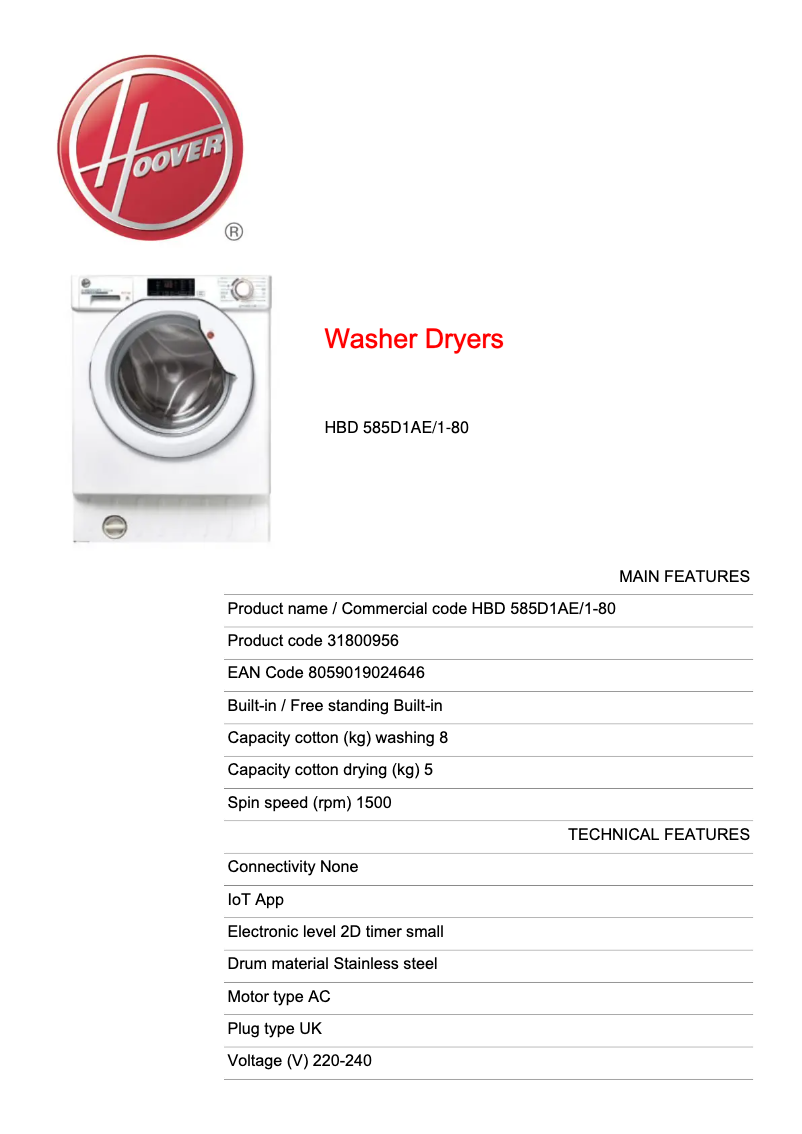 Page n°1 - Fiche technique Hoover H-WASH 300 PRO HBD 585D1AE/1-80