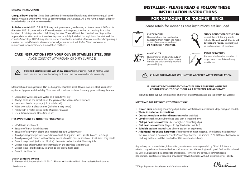 Page 1 de la notice Guide d'installation Oliveri PE341