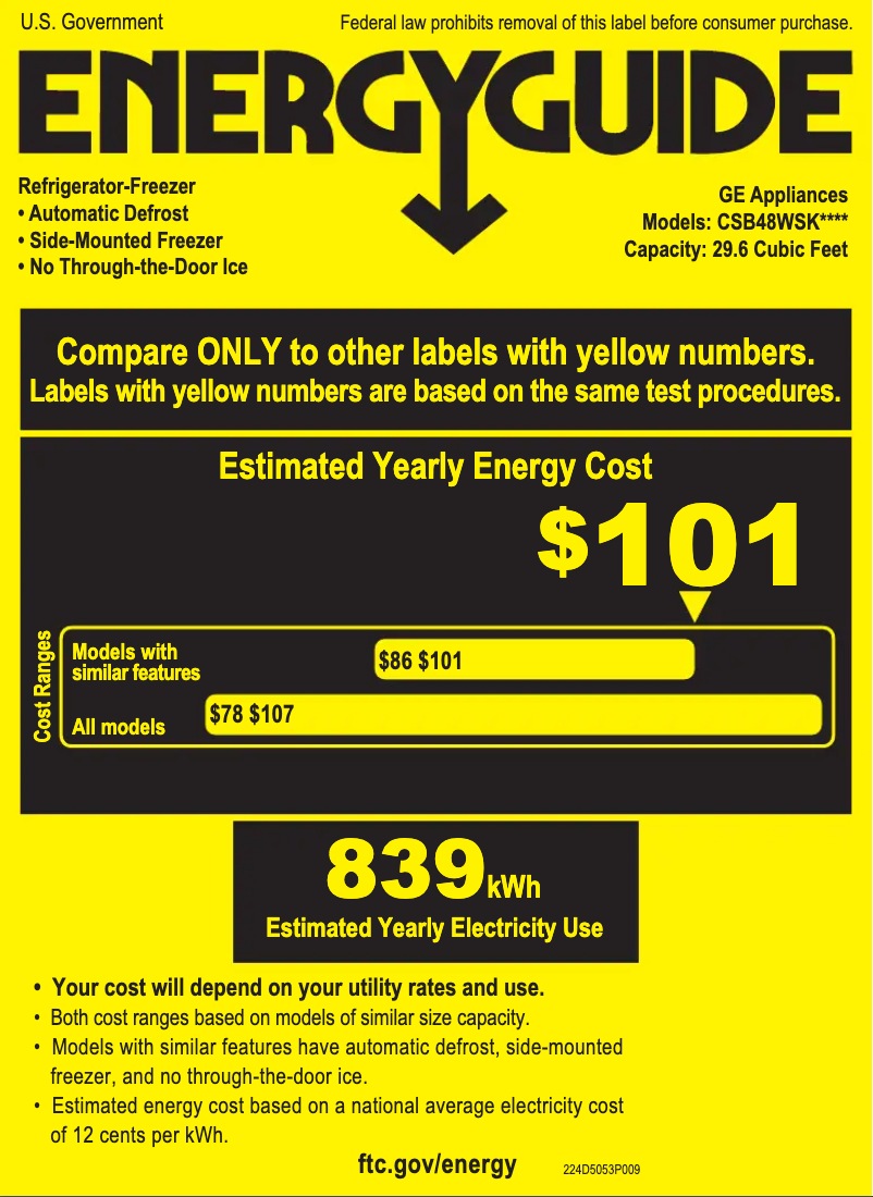 Page n°1 - Label énergétique GE Café CSB48WSKSS