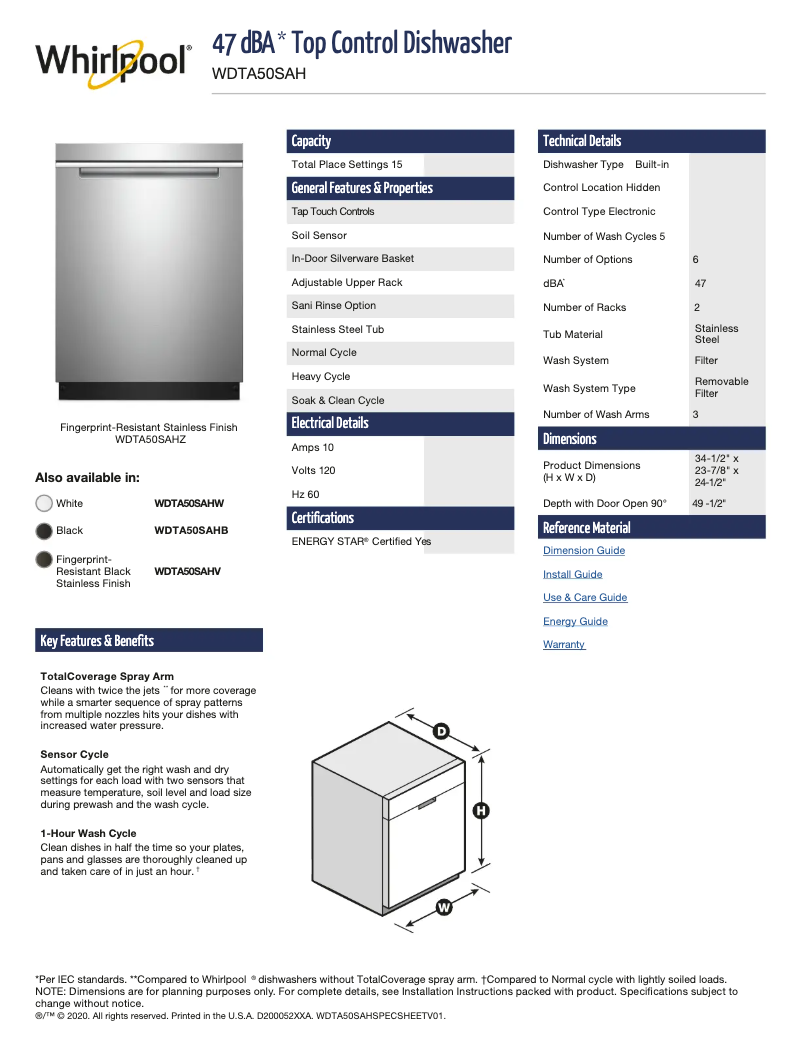 Page 1 de la notice Fiche technique Whirlpool WDTA50SAHV