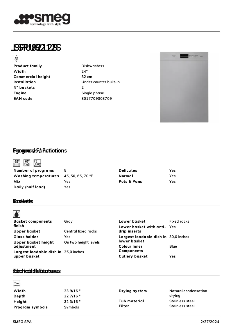 Page 1 de la notice Fiche technique Smeg LSPU8212S