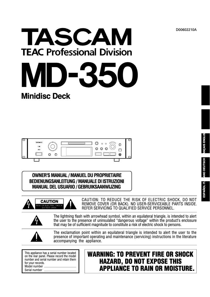Page 1 de la notice Manuel utilisateur Tascam MD-350