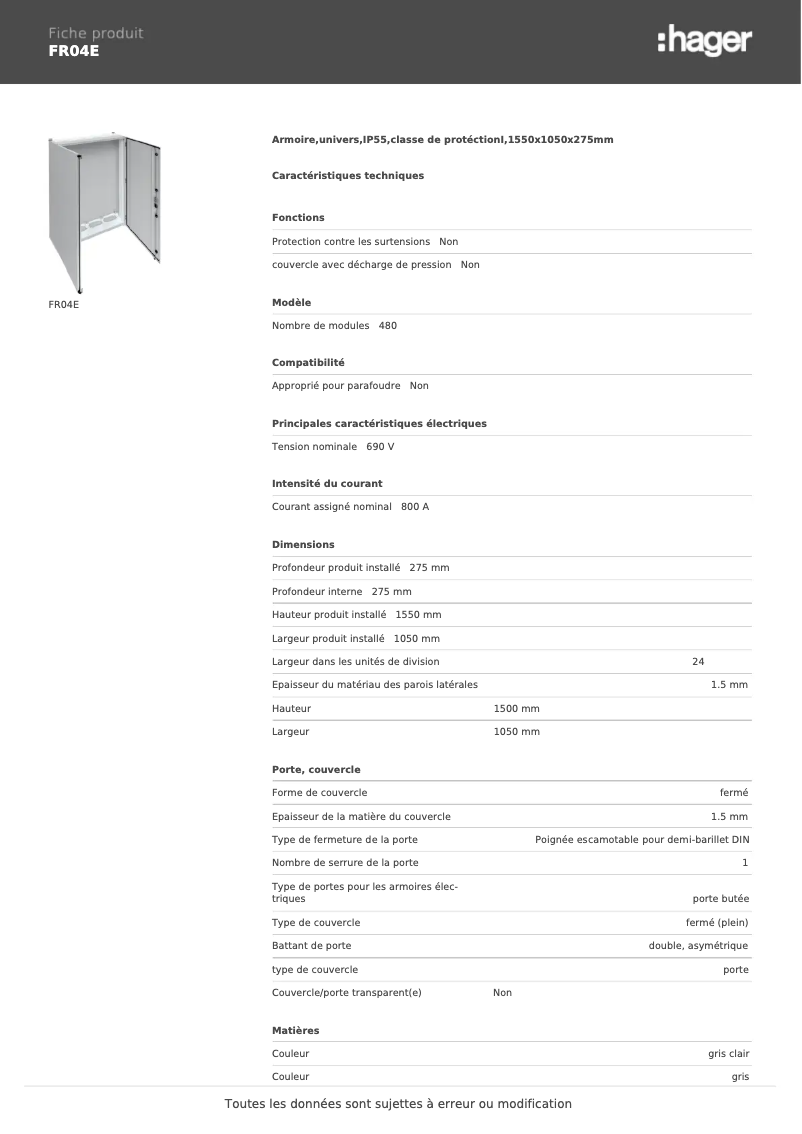 Page 1 de la notice Fiche technique Hager FR04E