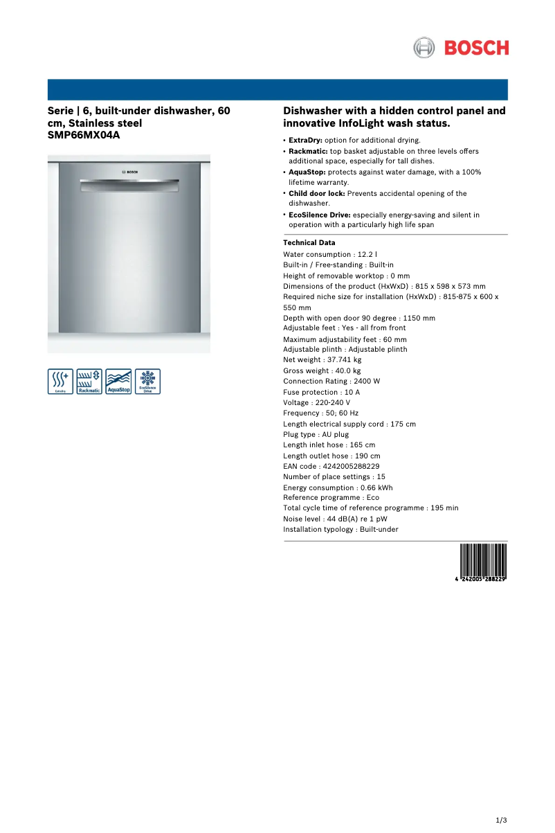 Page n°1 - Fiche technique Bosch SMP66MX04A