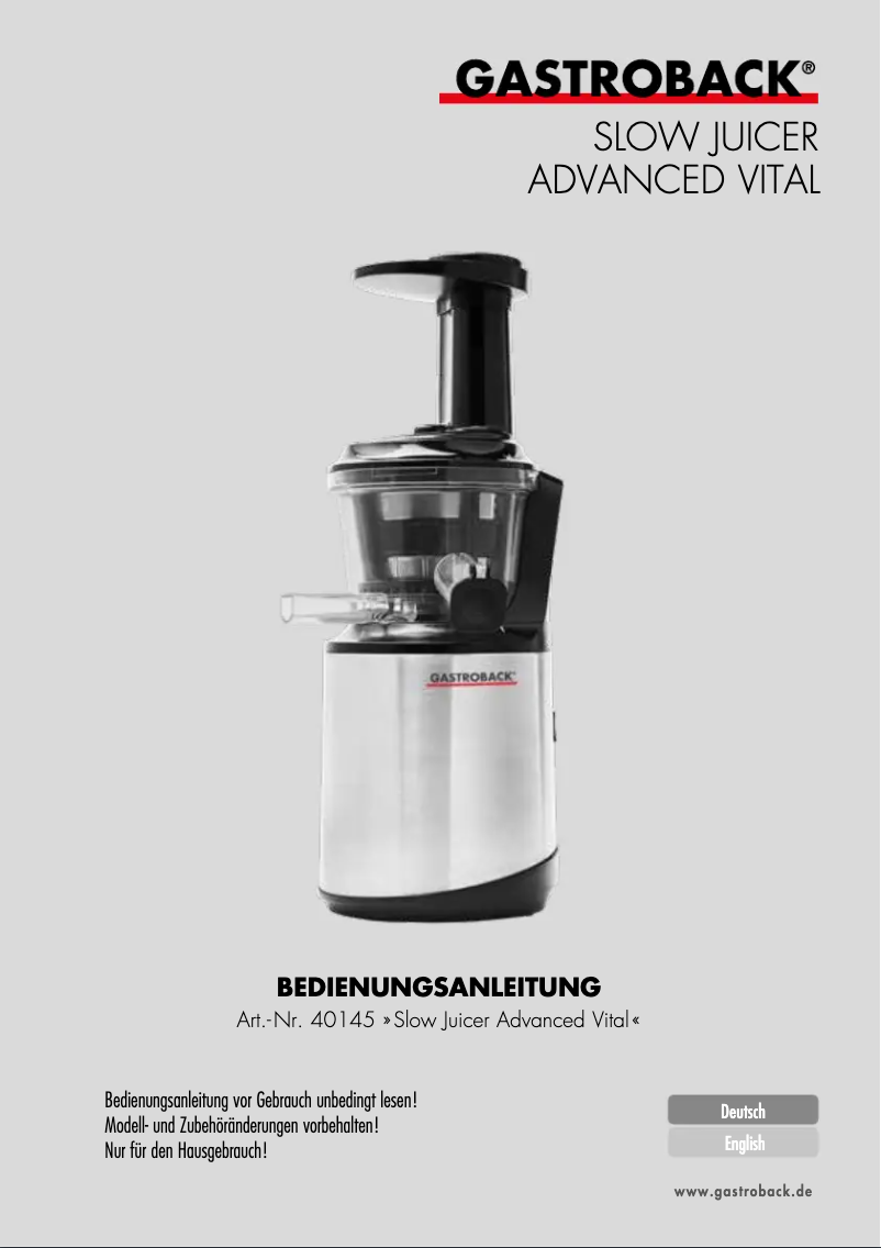 Page 1 de la notice Manuel utilisateur Gastroback Advanced Vital 40145