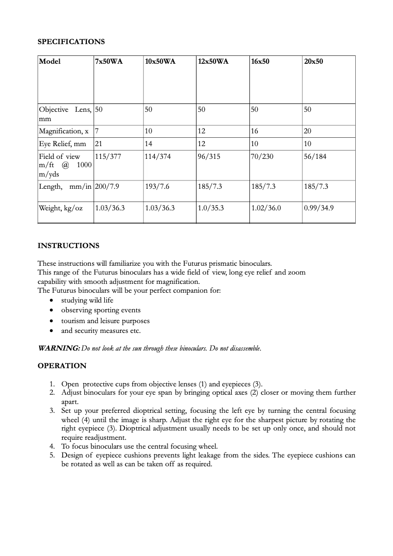 Page 1 de la notice Manuel utilisateur Yukon Futurus 12x50WA