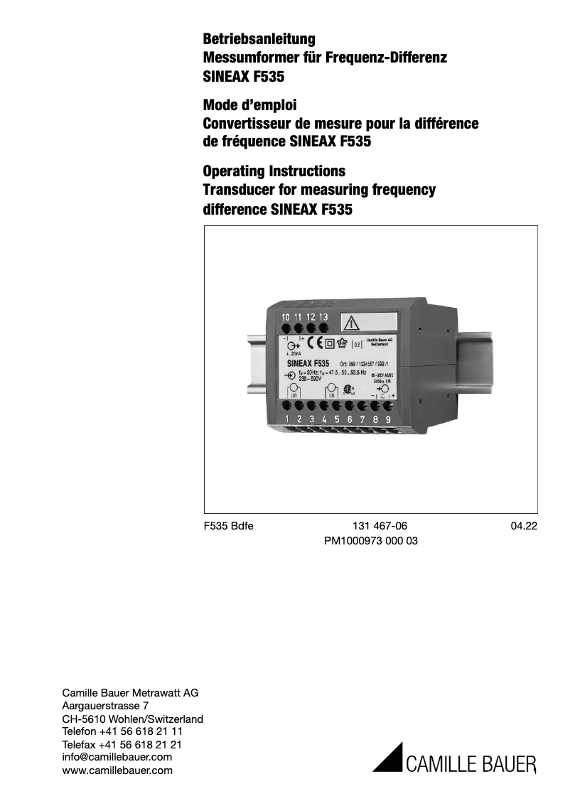 Page 1 de la notice Manuel utilisateur Camille Bauer SINEAX F535