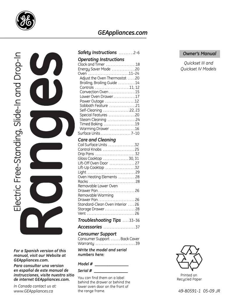 Page 1 de la notice Manuel d'utilisation et d'entretien GE JSS28DNCC