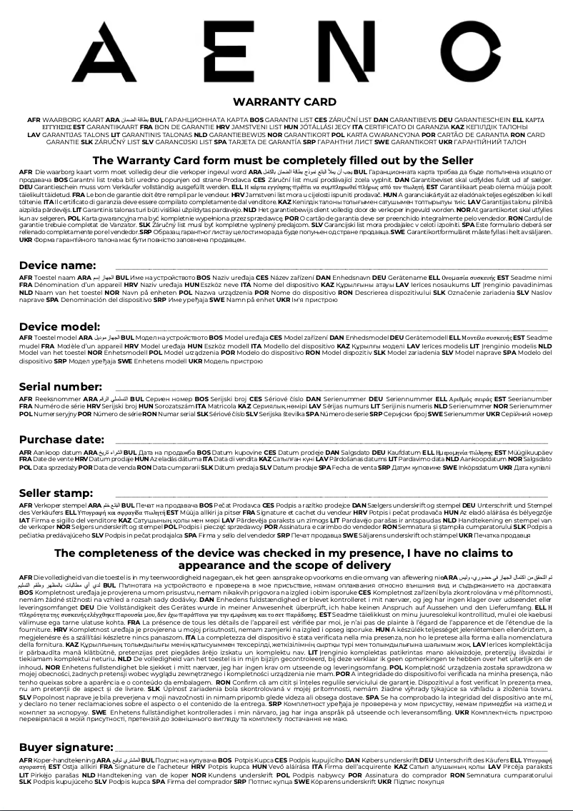 Page n°1 - Informations de garantie AENO AGH0001S