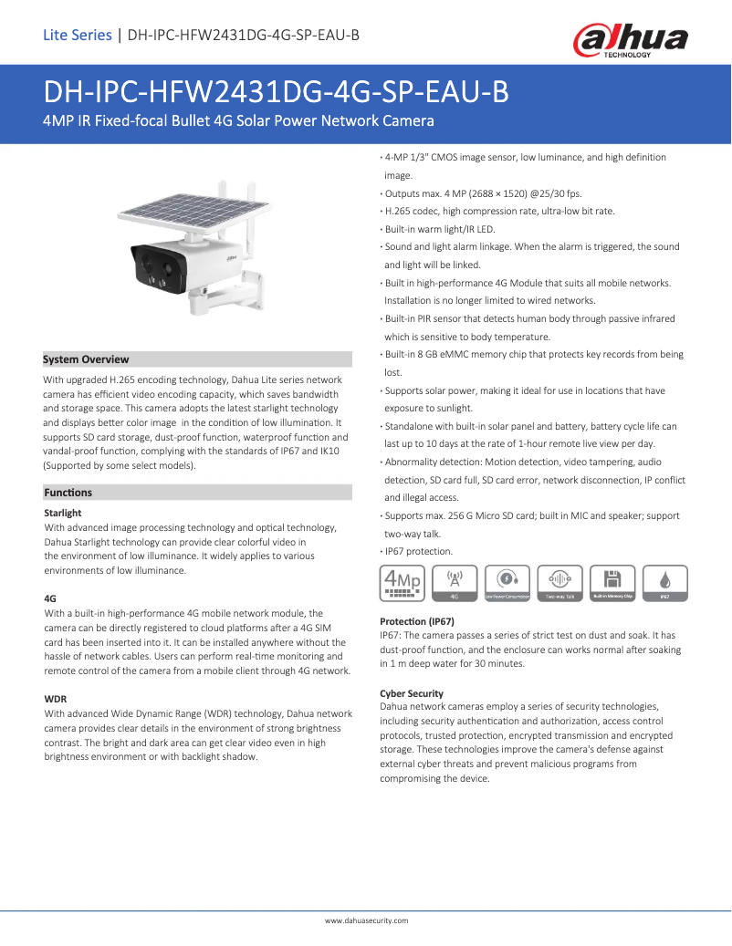 Page 1 de la notice Fiche technique Dahua Technology IPC-HFW2431DG-4G-SP-EAU-B