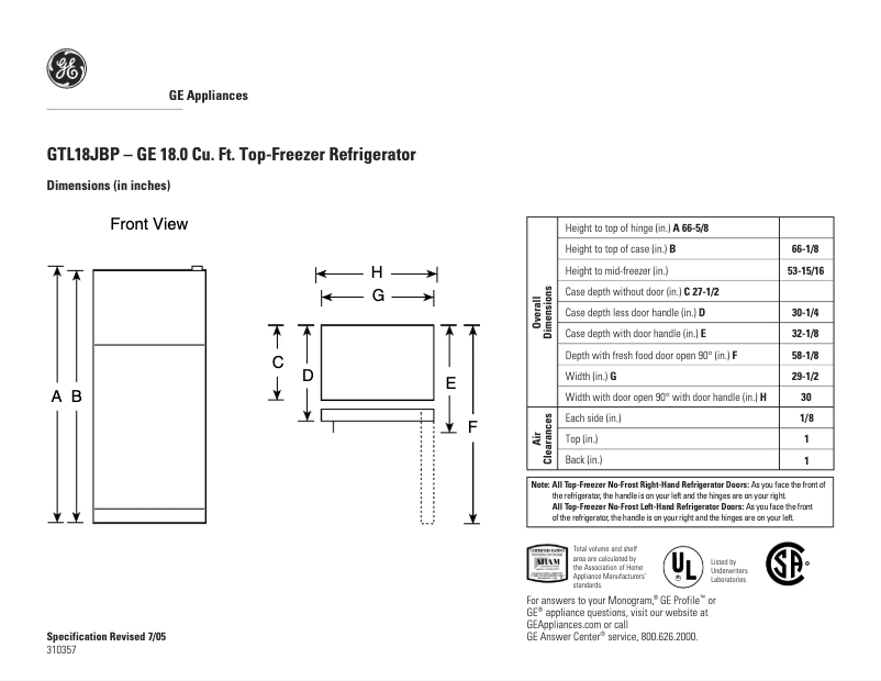 Página 1 del manual Ficha técnica GE GTL18JBPBS