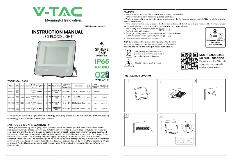 Page 1 de la notice Manuel utilisateur V-TAC VT-44105