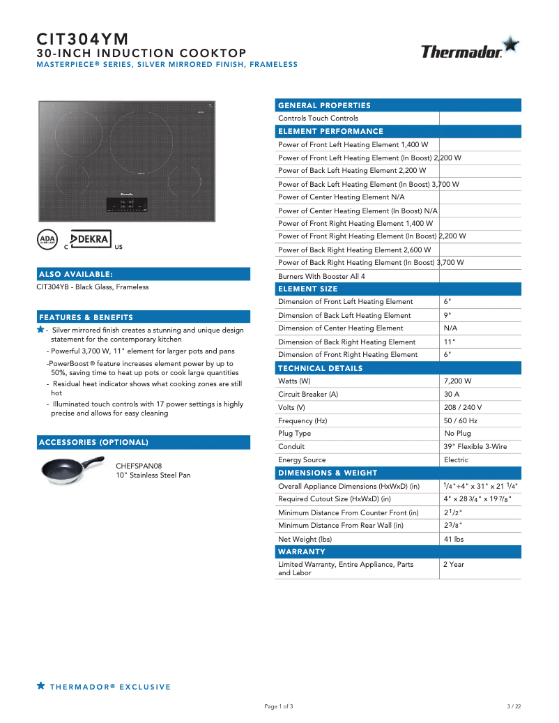 Page 1 de la notice Fiche technique Thermador CIT304YM