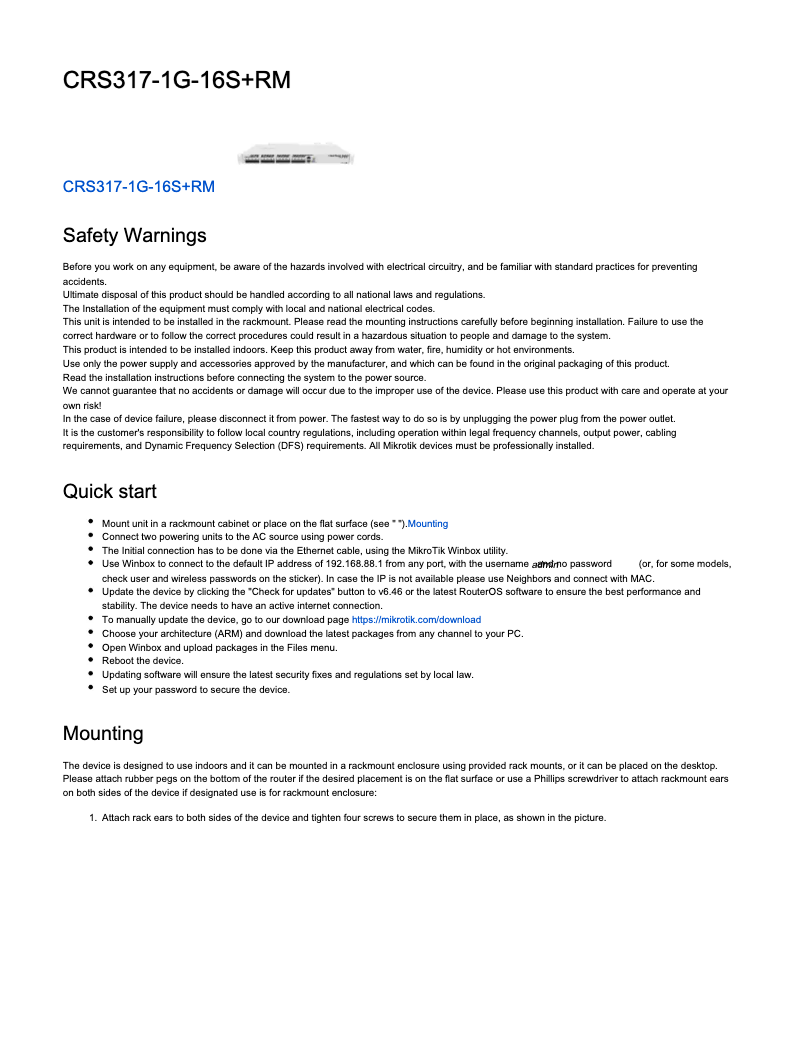 Page 1 de la notice Manuel utilisateur Mikrotik CRS317-1G-16S+RM