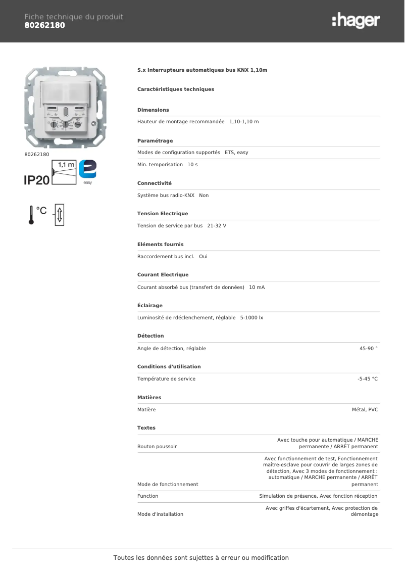 Page n°1 - Fiche technique Hager 80262180